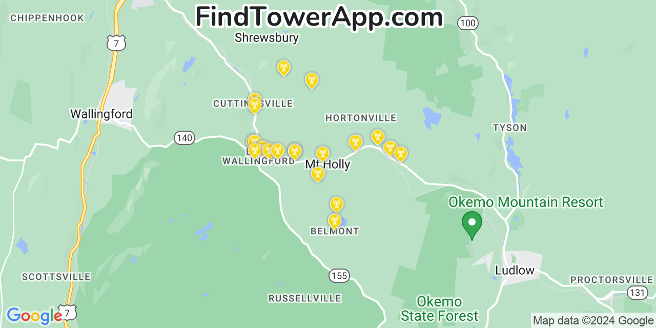 Verizon 4G/5G cell tower coverage map Mount Holly, Vermont