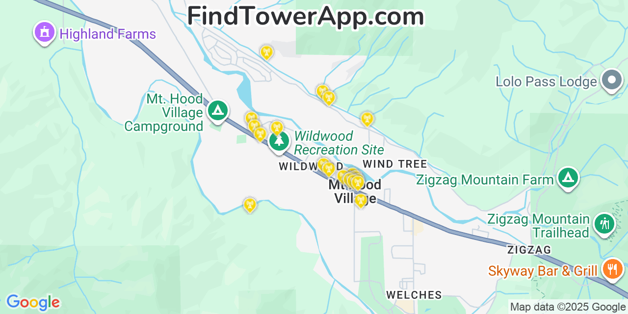 Map showing the 20 primary cell tower locations detected in Mount Hood Village, Oregon from AT&T, Verizon, and T-Mobile networks