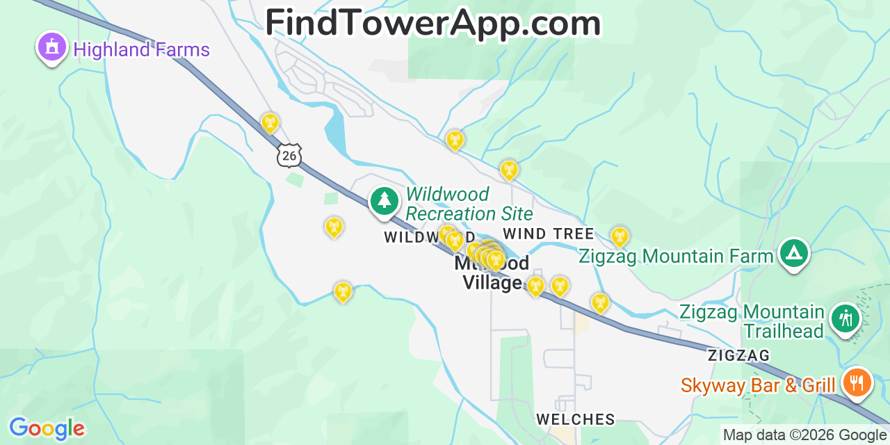 Map showing the 20 primary cell tower locations detected in Mount Hood Village, Oregon from AT&T, Verizon, and T-Mobile networks