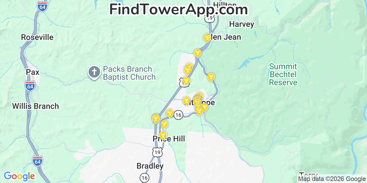 Map showing the 20 primary cell tower locations detected in Mount Hope, West Virginia from AT&T, Verizon, and T-Mobile networks