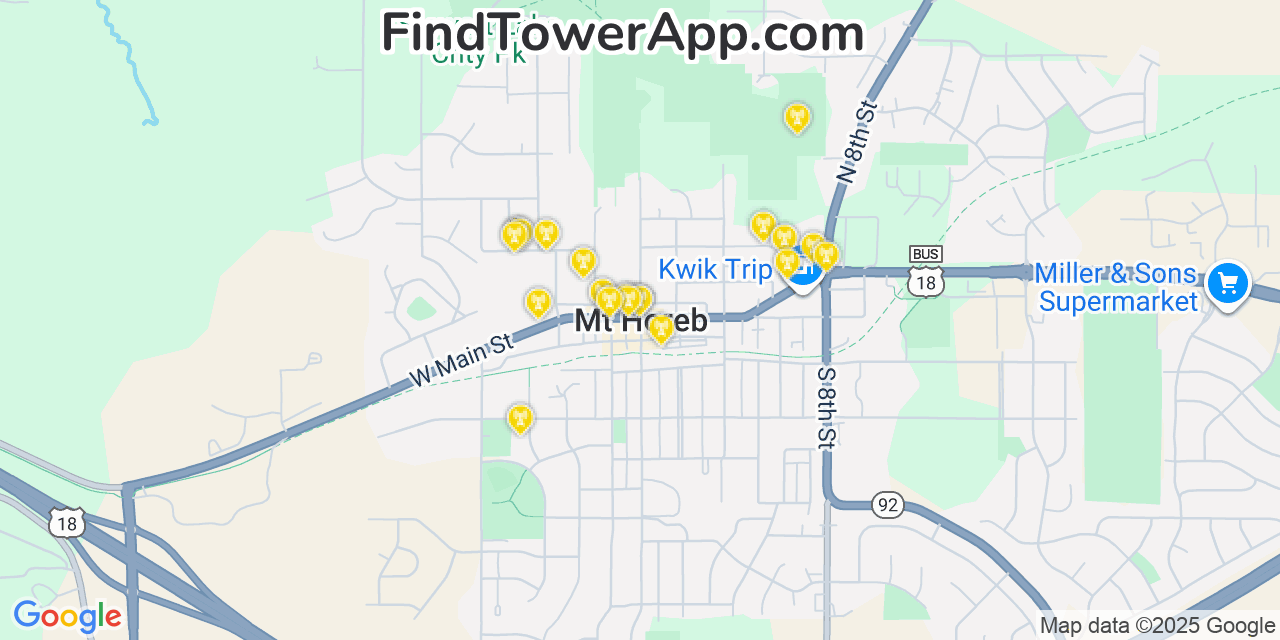 Map showing the 20 primary cell tower locations detected in Mount Horeb, Wisconsin from AT&T, Verizon, and T-Mobile networks