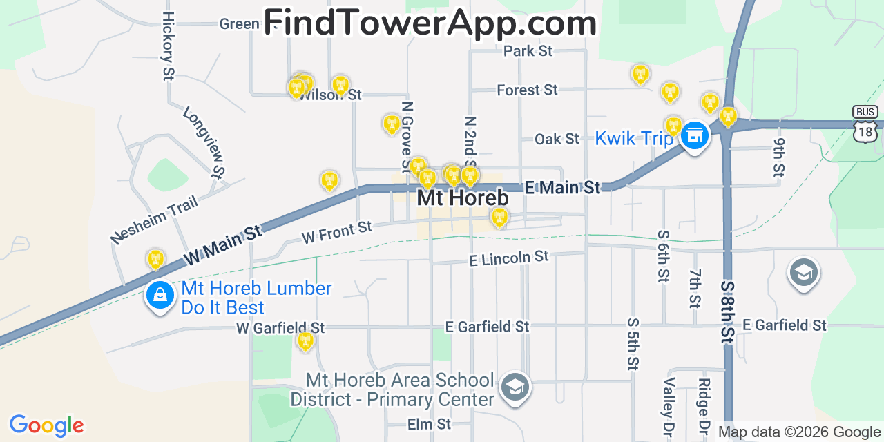 Map showing the 20 primary cell tower locations detected in Mount Horeb, Wisconsin from AT&T, Verizon, and T-Mobile networks