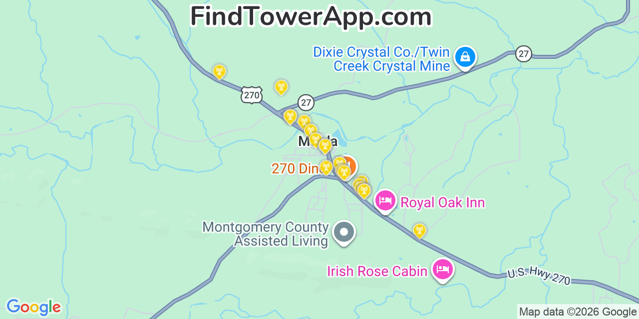 Map showing the 20 primary cell tower locations detected in Mount Ida, Arkansas from AT&T, Verizon, and T-Mobile networks