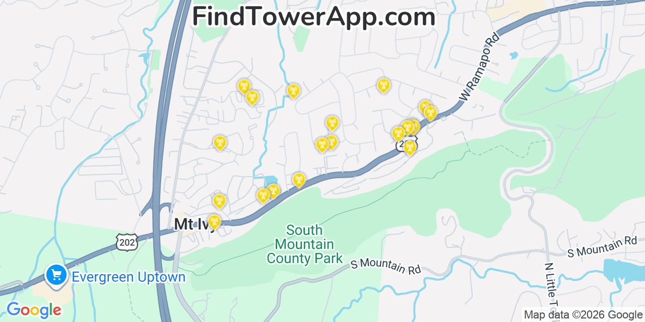 Map showing the 20 primary cell tower locations detected in Mount Ivy, New York from AT&T, Verizon, and T-Mobile networks