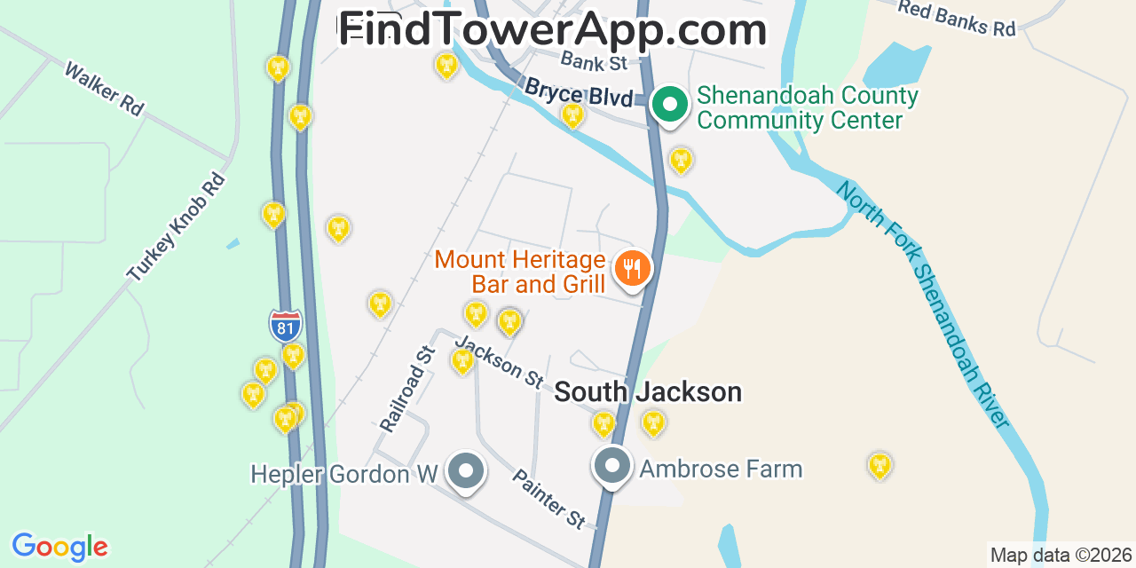 Map showing the 20 primary cell tower locations detected in Mount Jackson, Virginia from AT&T, Verizon, and T-Mobile networks