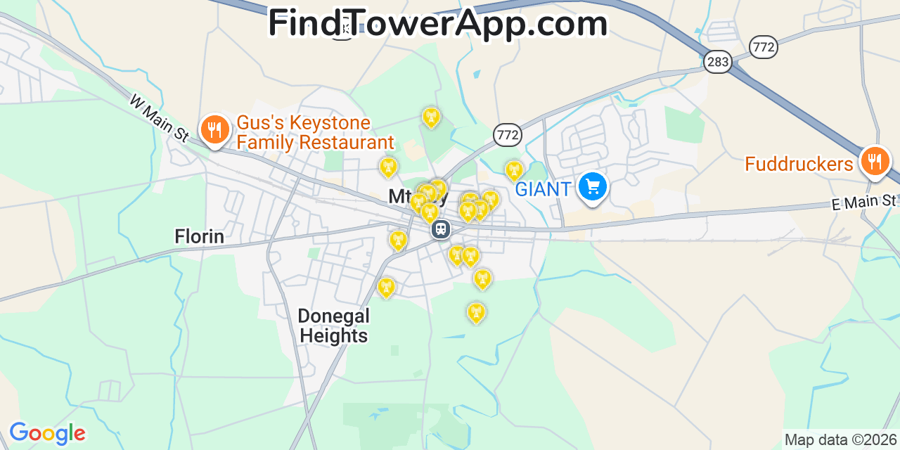 Map showing the 20 primary cell tower locations detected in Mount Joy, Pennsylvania from AT&T, Verizon, and T-Mobile networks
