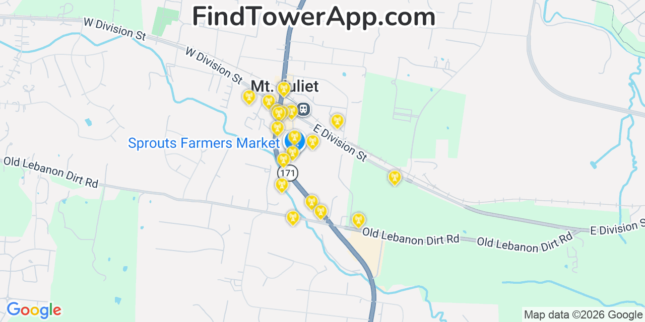 Map showing the 20 primary cell tower locations detected in Mount Juliet, Tennessee from AT&T, Verizon, and T-Mobile networks