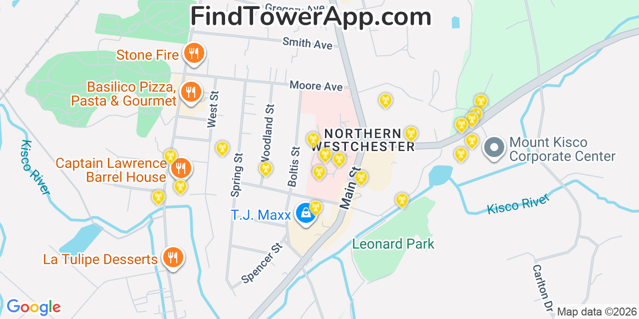 Map showing the 20 primary cell tower locations detected in Mount Kisco, New York from AT&T, Verizon, and T-Mobile networks