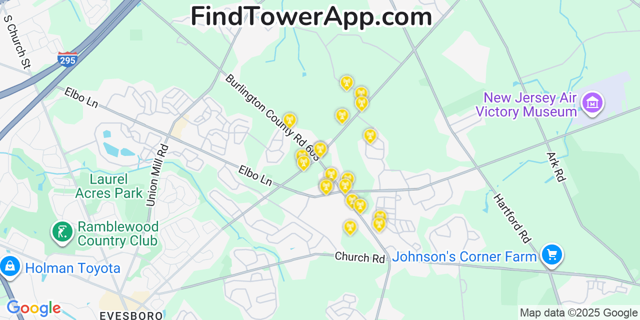 Map showing the 20 primary cell tower locations detected in Mount Laurel, New Jersey from AT&T, Verizon, and T-Mobile networks