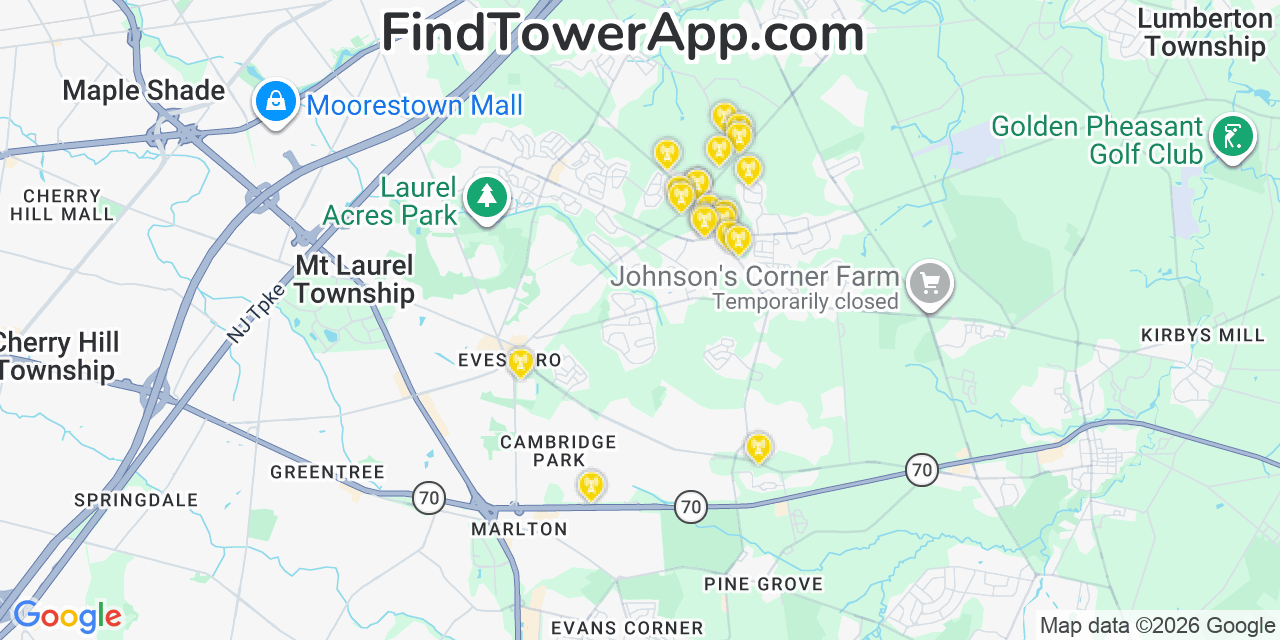 Map showing the 20 primary cell tower locations detected in Mount Laurel, New Jersey from AT&T, Verizon, and T-Mobile networks