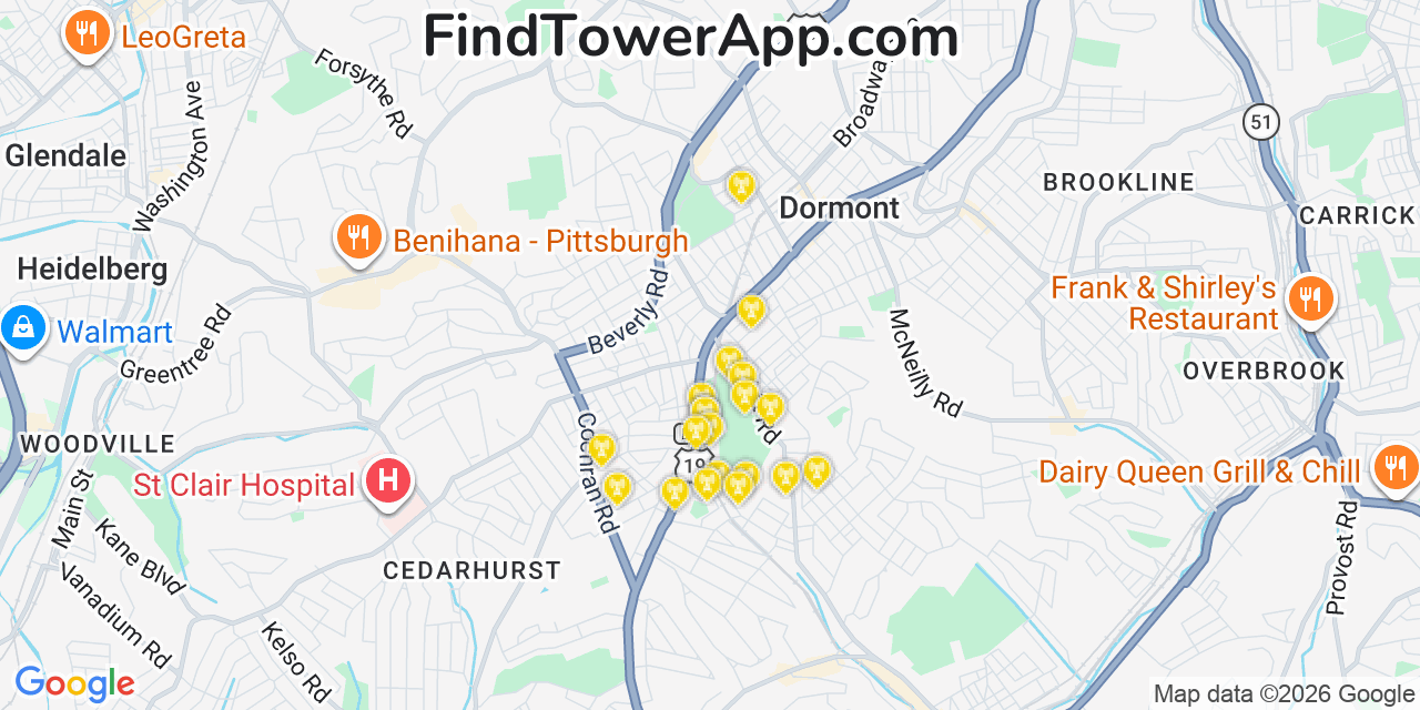 Map showing the 20 primary cell tower locations detected in Mount Lebanon, Pennsylvania from AT&T, Verizon, and T-Mobile networks