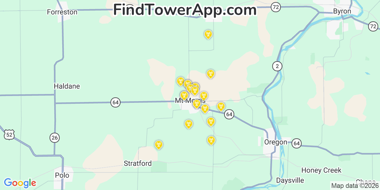 Map showing the 20 primary cell tower locations detected in Mount Morris, Illinois from AT&T, Verizon, and T-Mobile networks