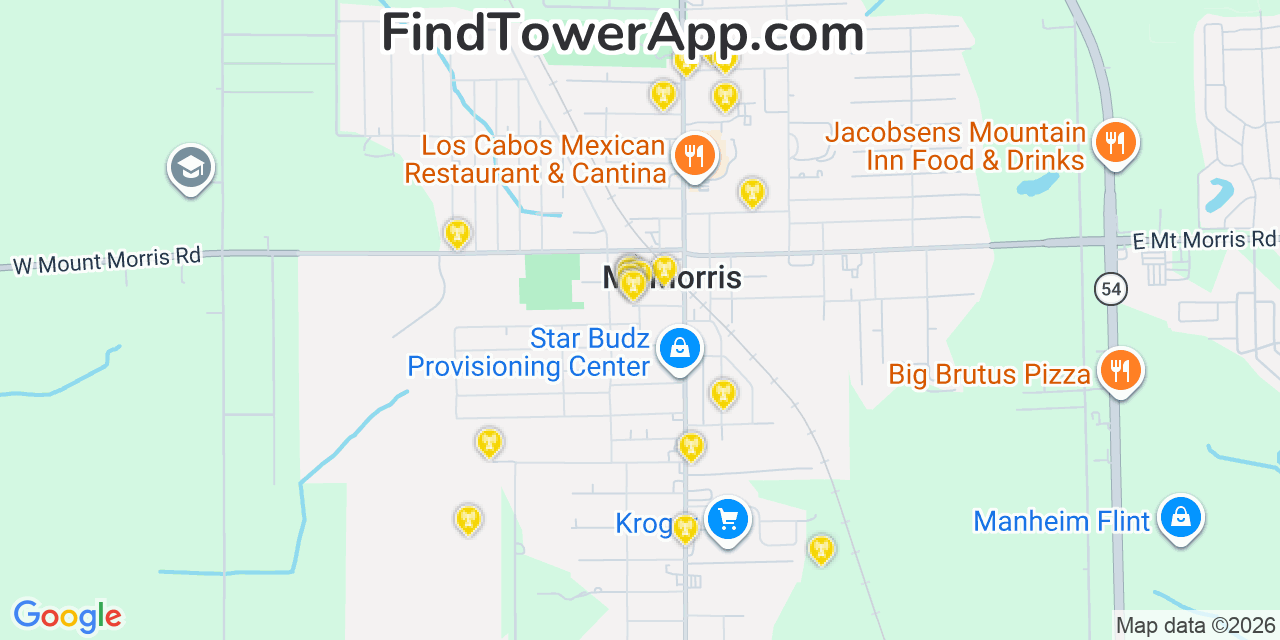 Map showing the 20 primary cell tower locations detected in Mount Morris, Michigan from AT&T, Verizon, and T-Mobile networks