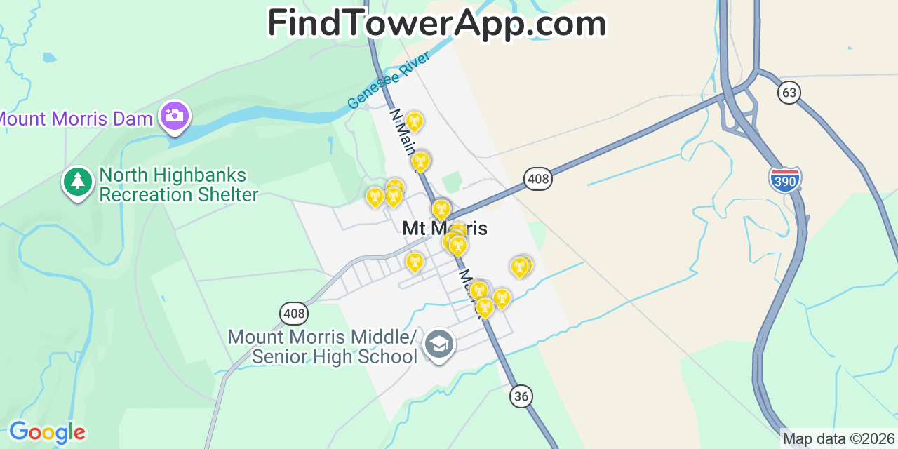 Map showing the 20 primary cell tower locations detected in Mount Morris, New York from AT&T, Verizon, and T-Mobile networks