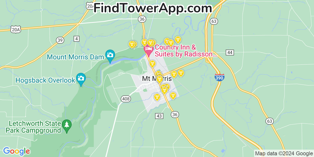 Verizon 4G/5G cell tower coverage map Mount Morris, New York