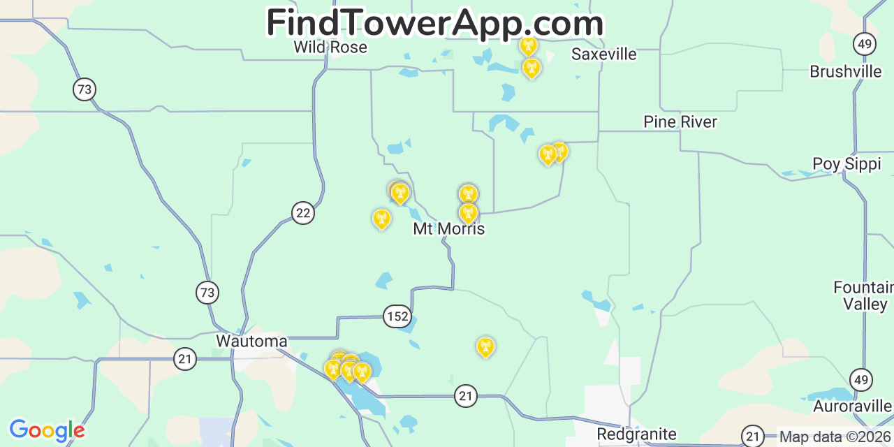 Map showing the 20 primary cell tower locations detected in Mount Morris, Wisconsin from AT&T, Verizon, and T-Mobile networks