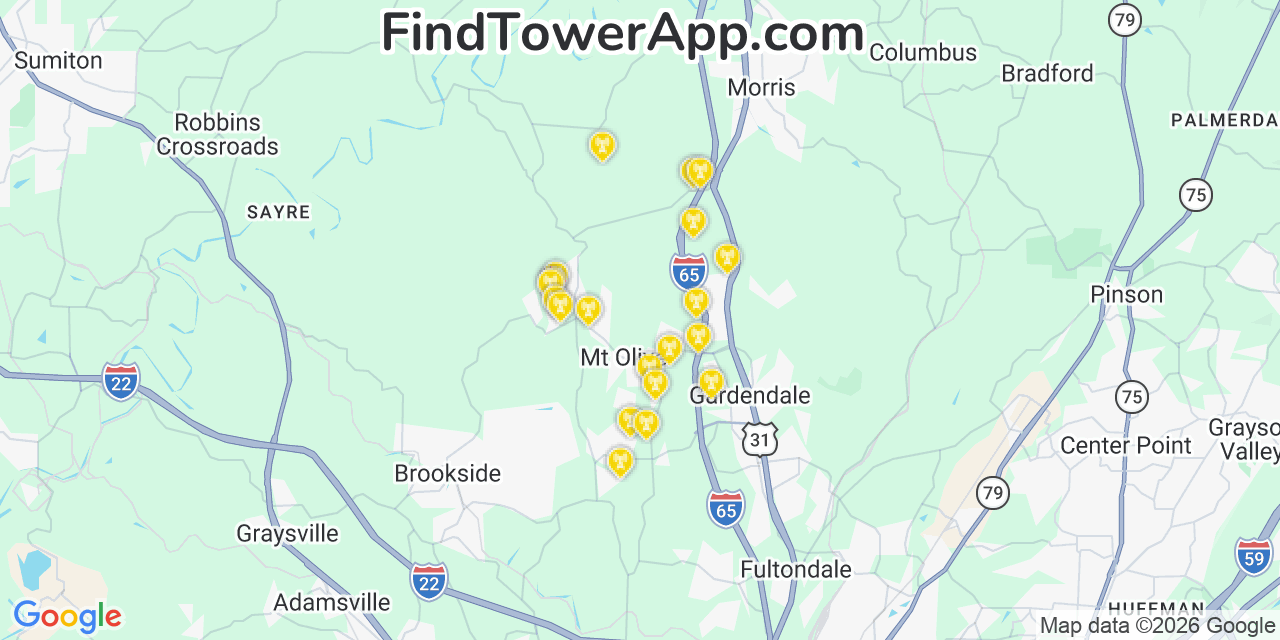 Map showing the 20 primary cell tower locations detected in Mount Olive, Alabama from AT&T, Verizon, and T-Mobile networks