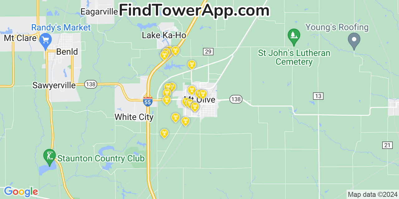 AT&T 4G/5G cell tower coverage map Mount Olive, Illinois