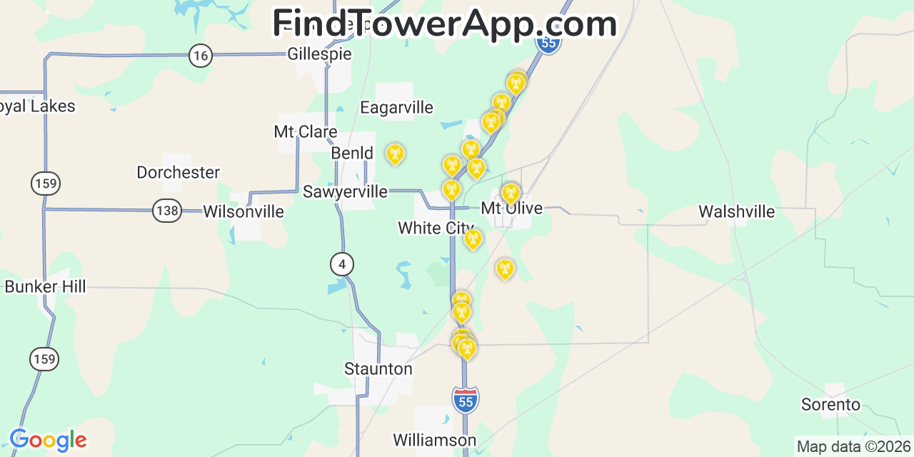 Map showing the 20 primary cell tower locations detected in Mount Olive, Illinois from AT&T, Verizon, and T-Mobile networks