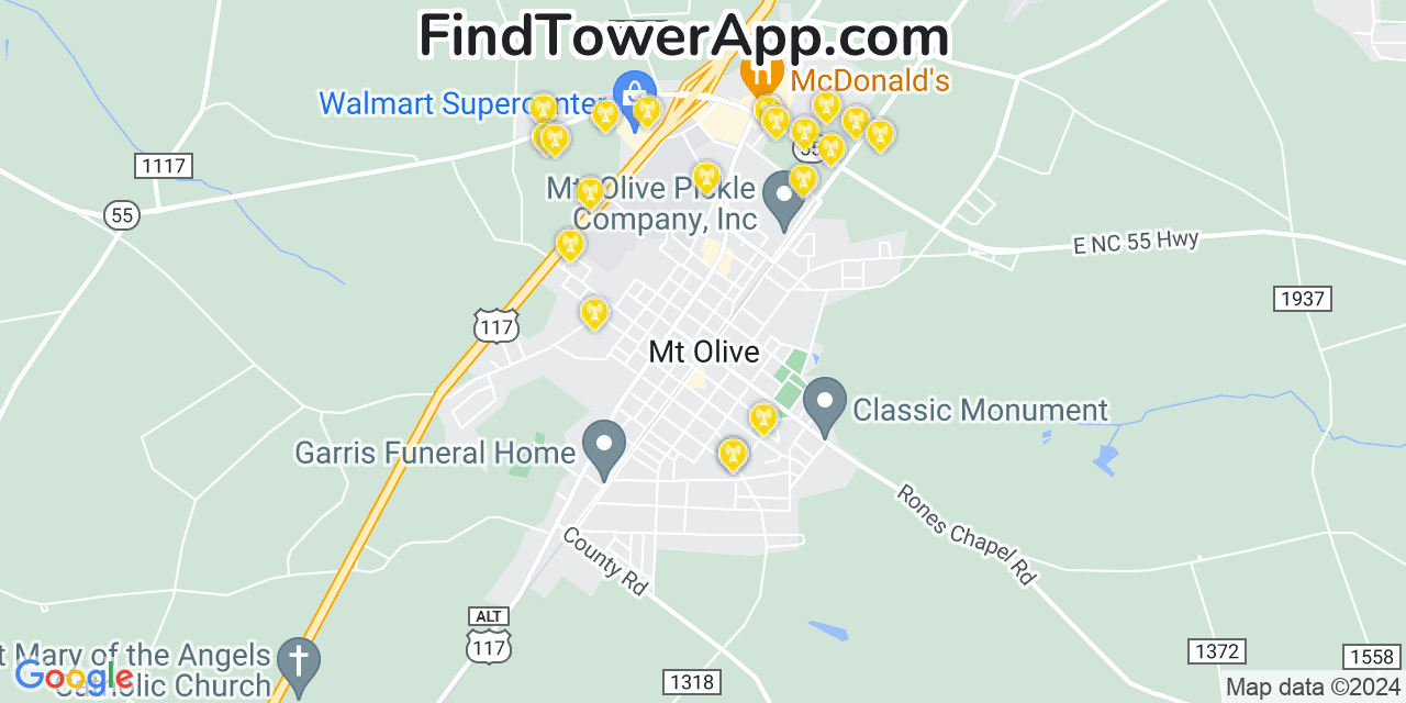 AT&T 4G/5G cell tower coverage map Mount Olive, North Carolina