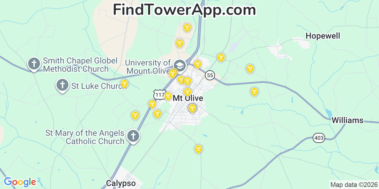 Map showing the 20 primary cell tower locations detected in Mount Olive, North Carolina from AT&T, Verizon, and T-Mobile networks
