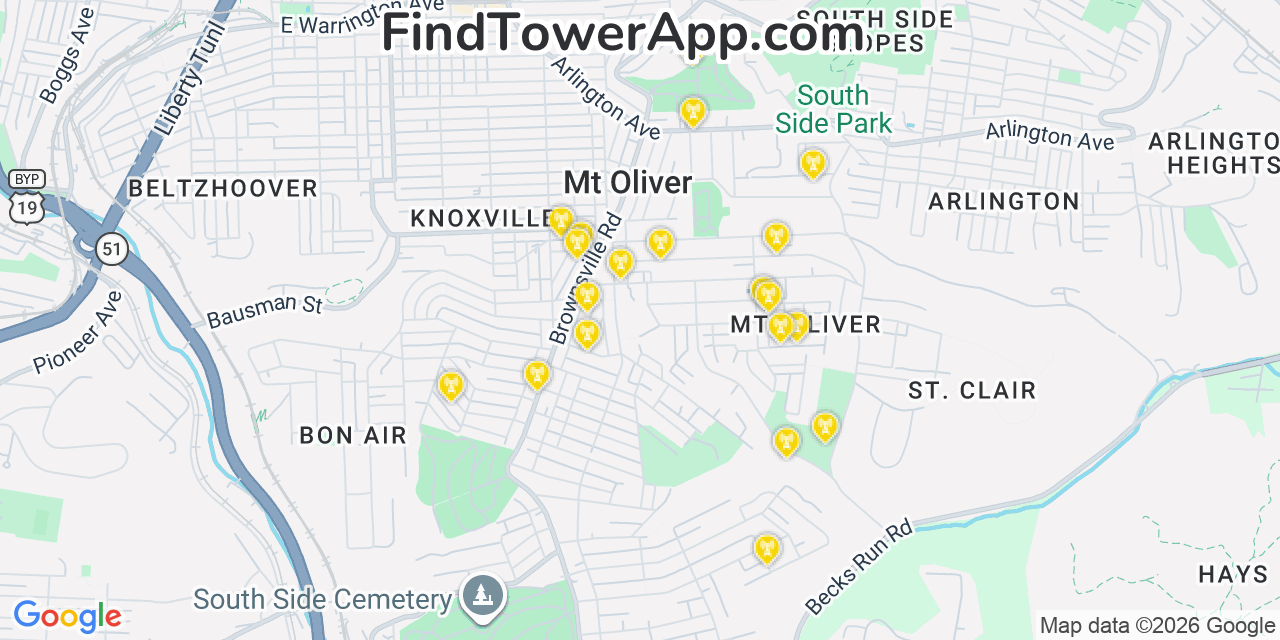 Map showing the 20 primary cell tower locations detected in Mount Oliver, Pennsylvania from AT&T, Verizon, and T-Mobile networks