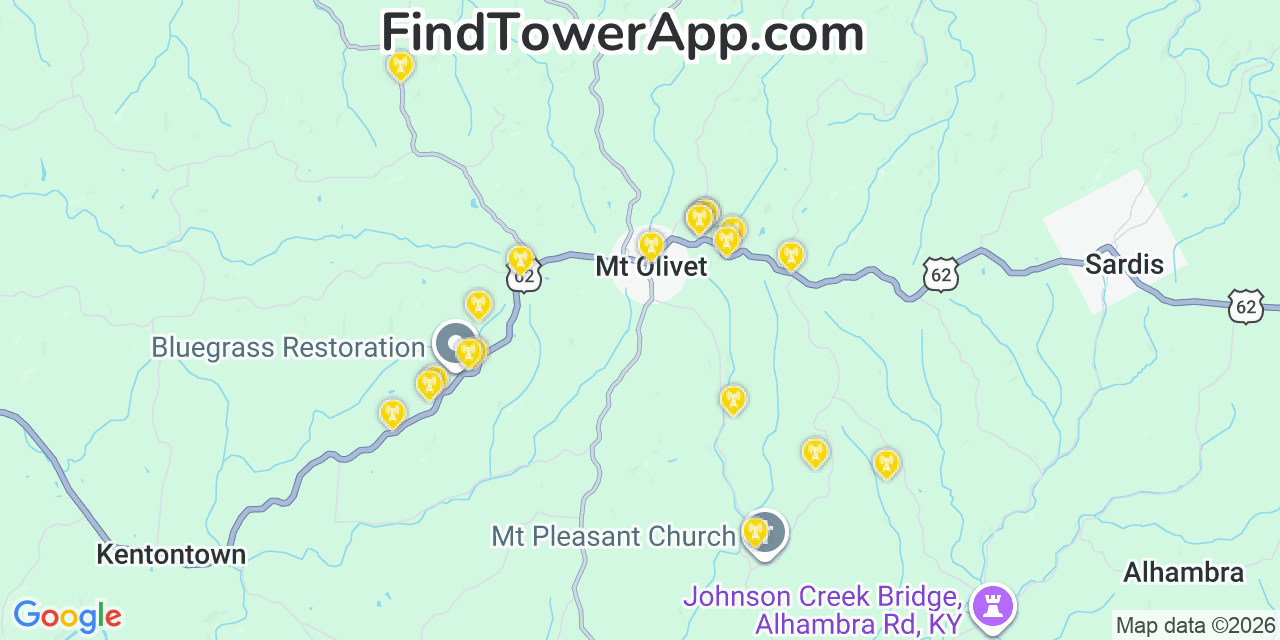 Map showing the 20 primary cell tower locations detected in Mount Olivet, Kentucky from AT&T, Verizon, and T-Mobile networks
