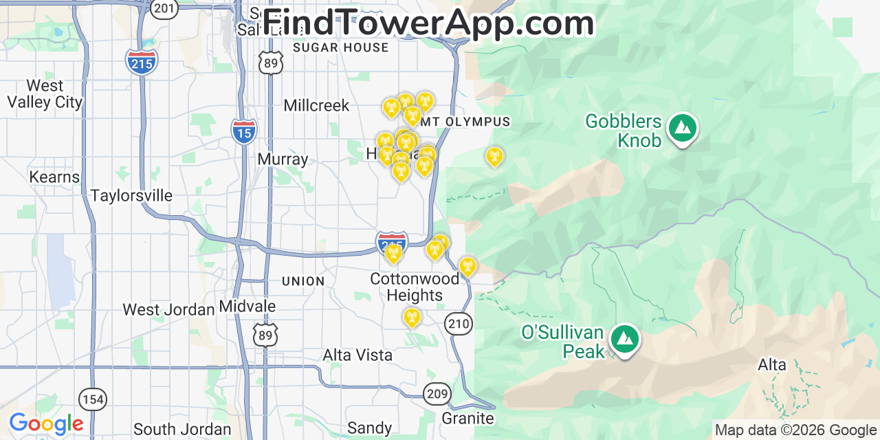 Map showing the 20 primary cell tower locations detected in Mount Olympus, Utah from AT&T, Verizon, and T-Mobile networks