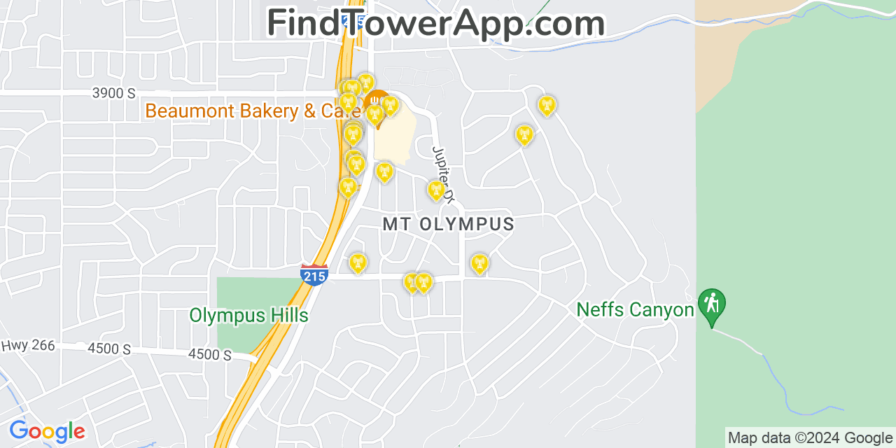 Verizon 4G/5G cell tower coverage map Mount Olympus, Utah