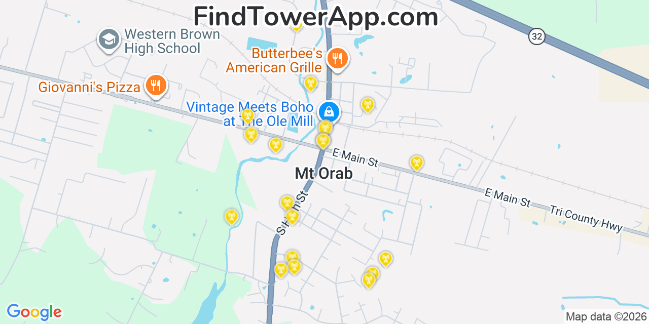 Map showing the 20 primary cell tower locations detected in Mount Orab, Ohio from AT&T, Verizon, and T-Mobile networks