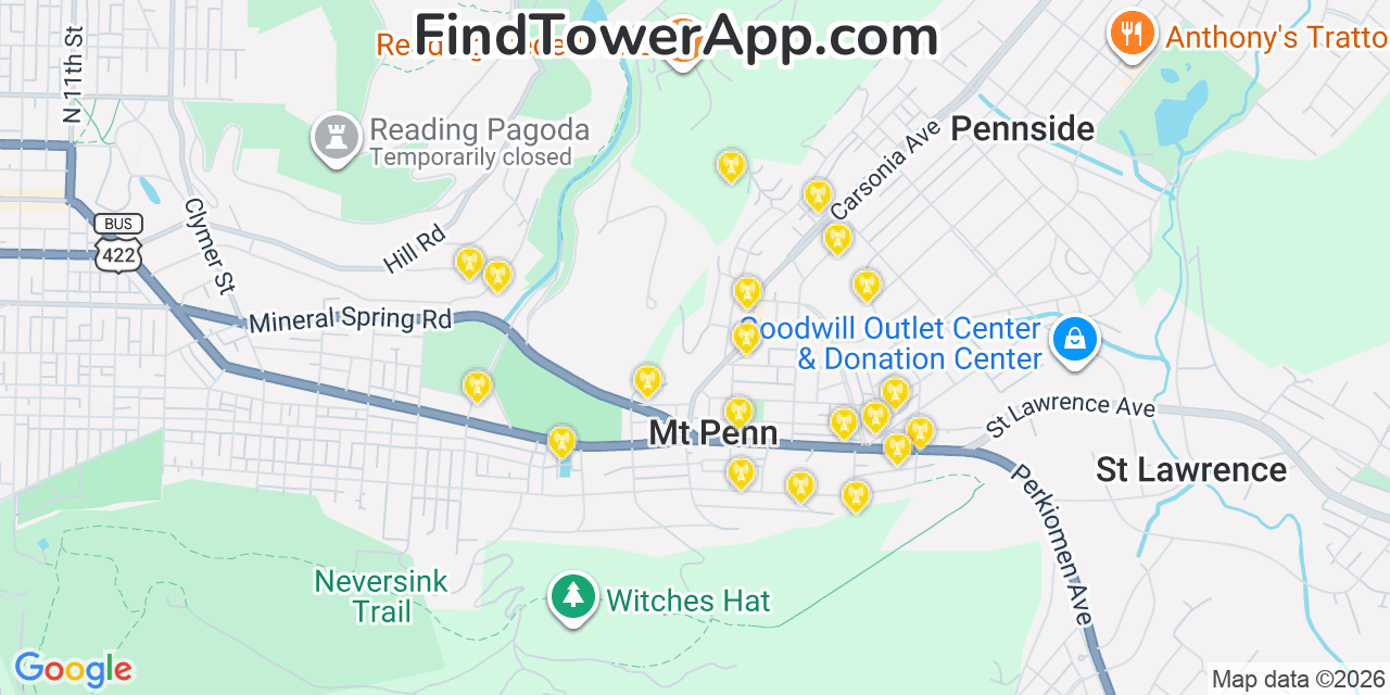 Map showing the 20 primary cell tower locations detected in Mount Penn, Pennsylvania from AT&T, Verizon, and T-Mobile networks