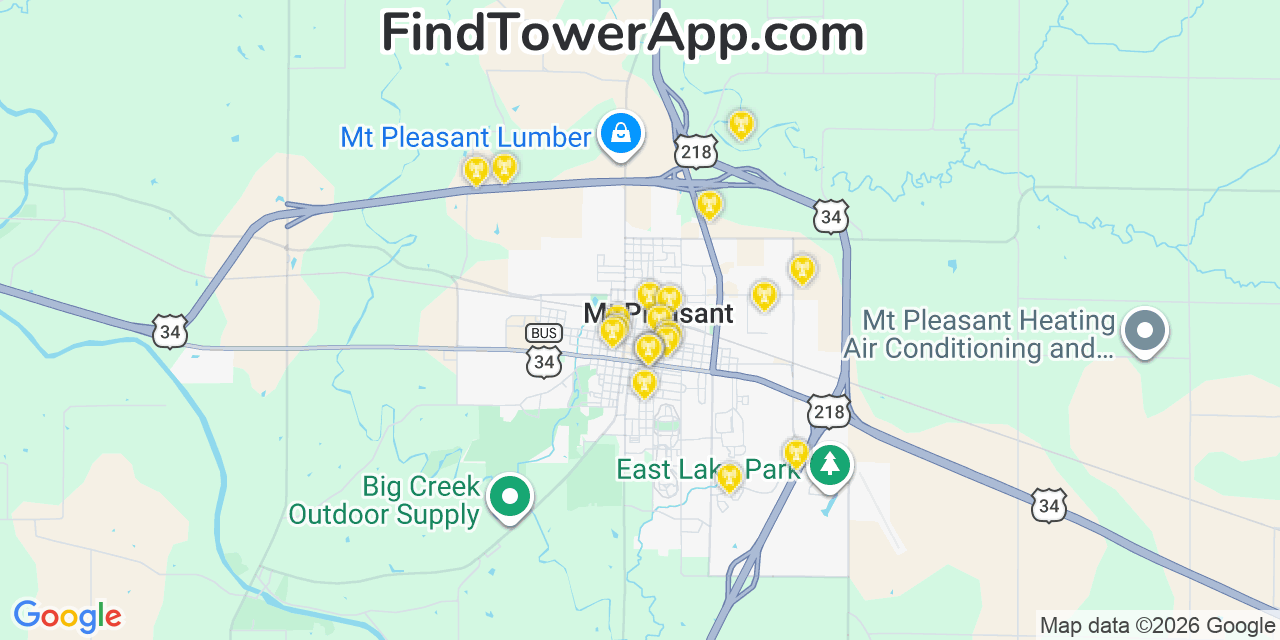 Map showing the 20 primary cell tower locations detected in Mount Pleasant, Iowa from AT&T, Verizon, and T-Mobile networks