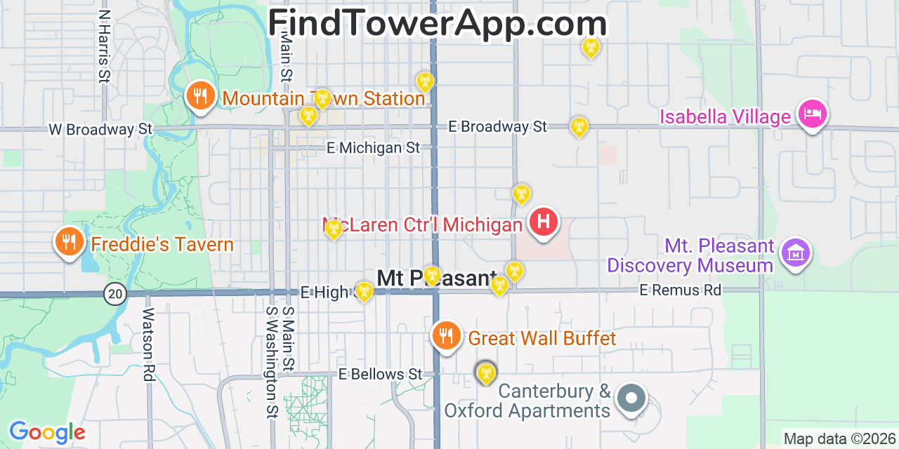 Map showing the 20 primary cell tower locations detected in Mount Pleasant, Michigan from AT&T, Verizon, and T-Mobile networks