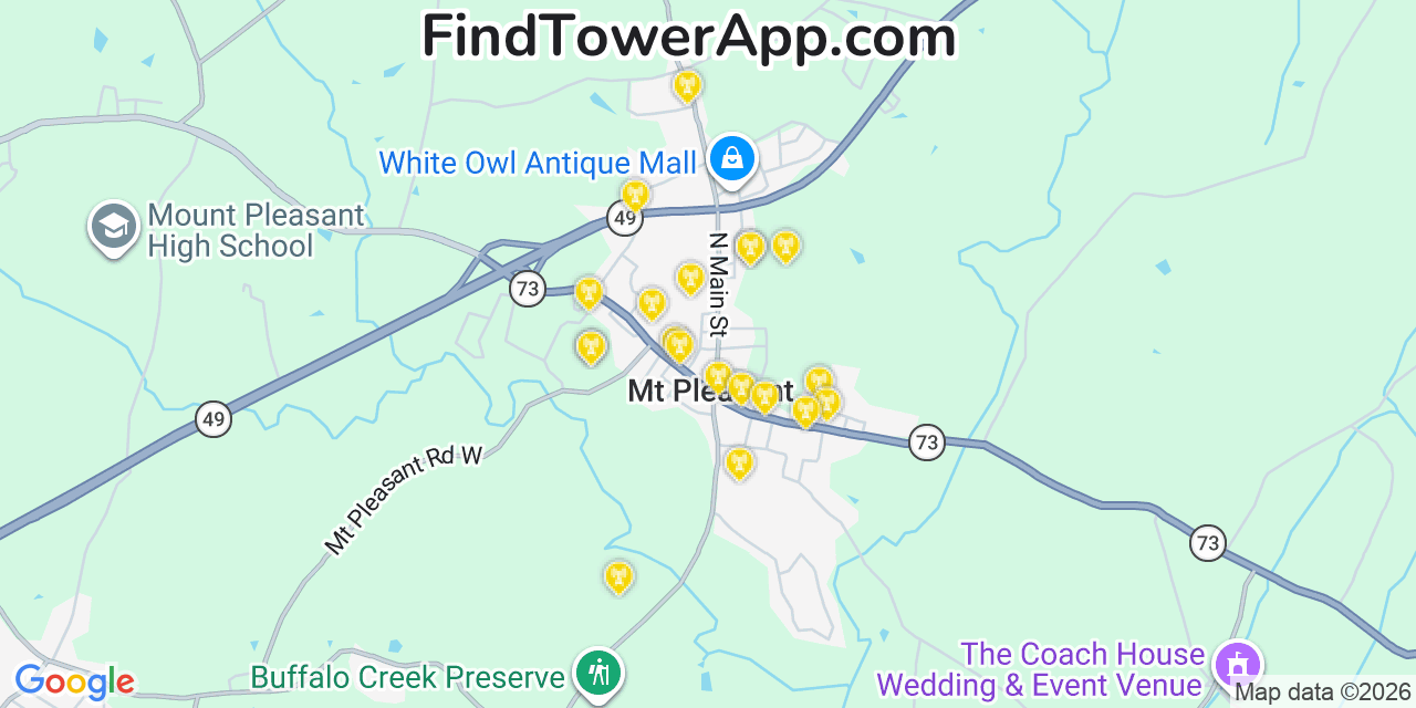 Map showing the 20 primary cell tower locations detected in Mount Pleasant, North Carolina from AT&T, Verizon, and T-Mobile networks