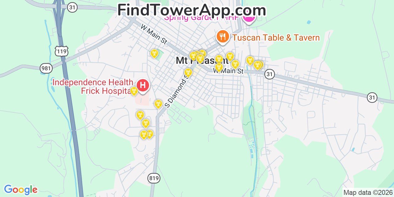 Map showing the 20 primary cell tower locations detected in Mount Pleasant, Pennsylvania from AT&T, Verizon, and T-Mobile networks