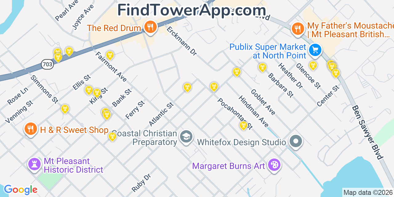 Map showing the 20 primary cell tower locations detected in Mount Pleasant, South Carolina from AT&T, Verizon, and T-Mobile networks