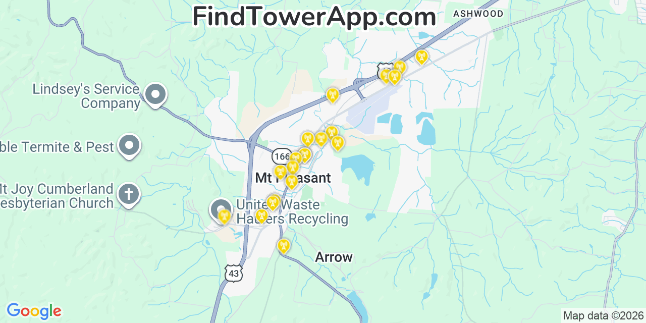 Map showing the 20 primary cell tower locations detected in Mount Pleasant, Tennessee from AT&T, Verizon, and T-Mobile networks
