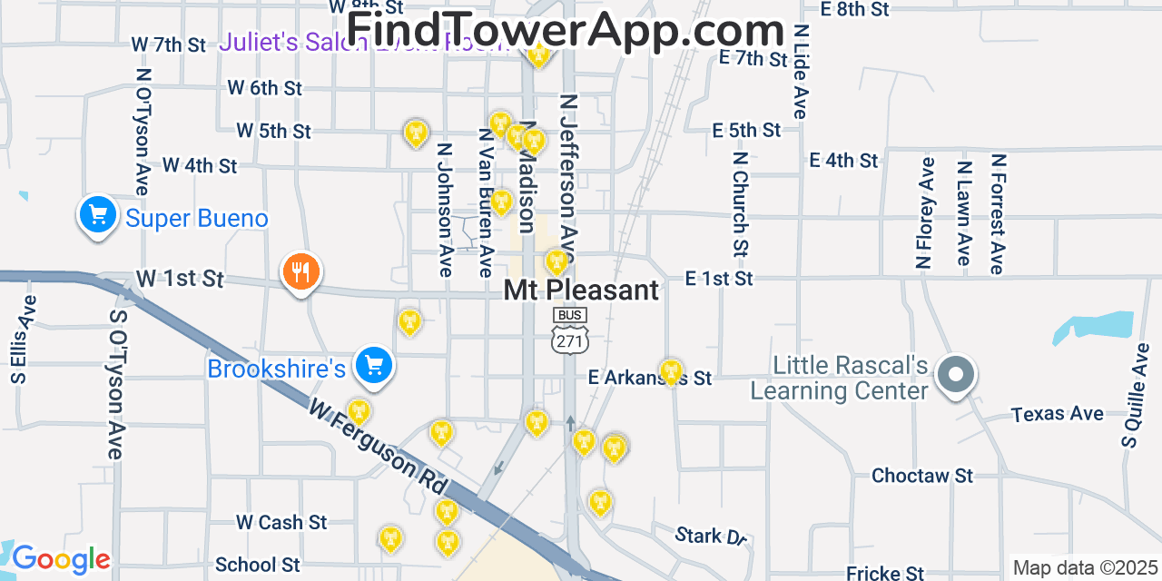Map showing the 20 primary cell tower locations detected in Mount Pleasant, Texas from AT&T, Verizon, and T-Mobile networks