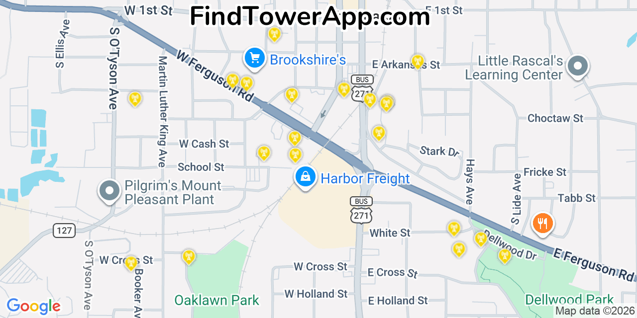 Map showing the 20 primary cell tower locations detected in Mount Pleasant, Texas from AT&T, Verizon, and T-Mobile networks