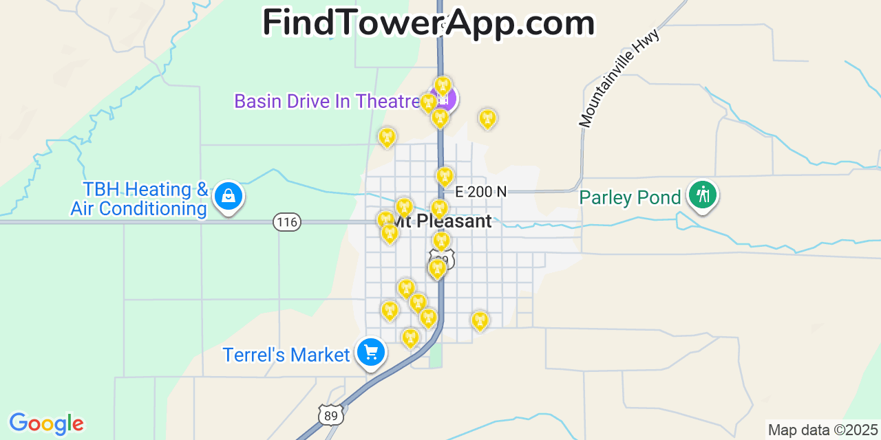 Map showing the 20 primary cell tower locations detected in Mount Pleasant, Utah from AT&T, Verizon, and T-Mobile networks