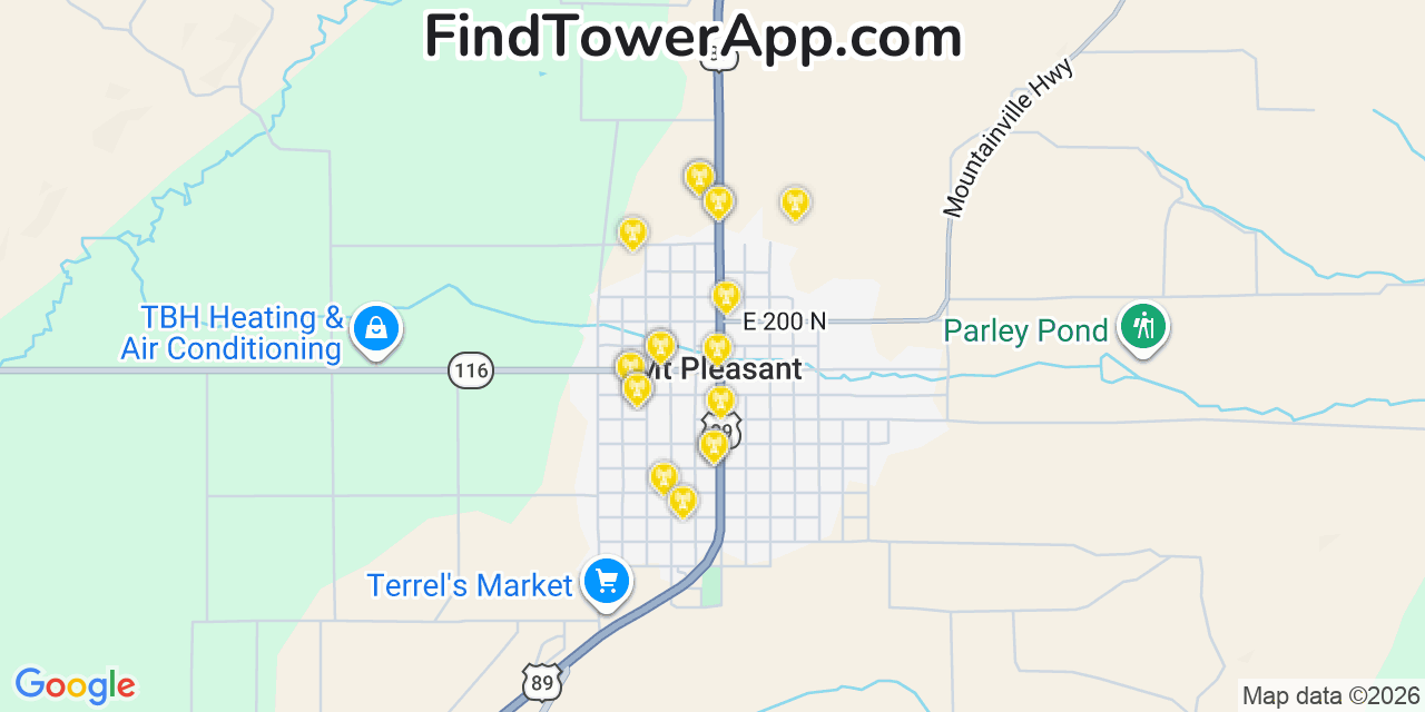 Map showing the 20 primary cell tower locations detected in Mount Pleasant, Utah from AT&T, Verizon, and T-Mobile networks