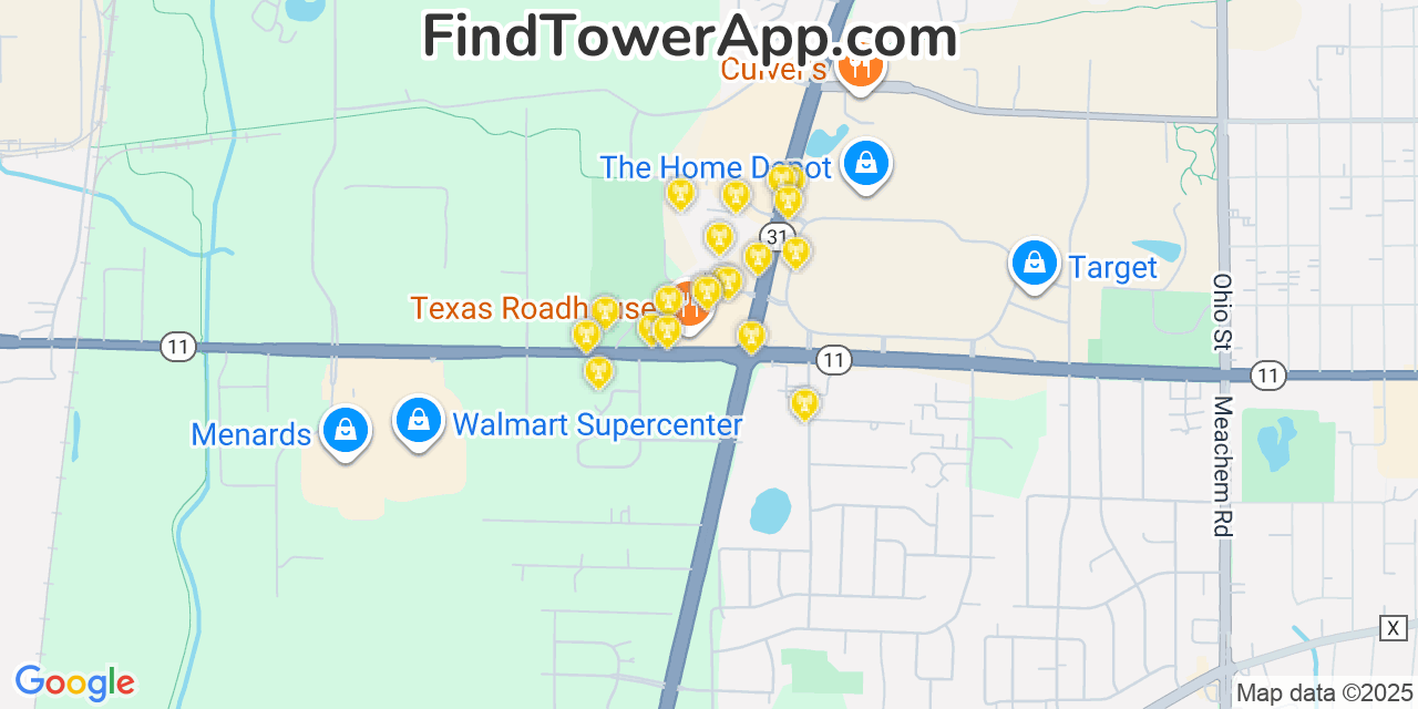 Map showing the 20 primary cell tower locations detected in Mount Pleasant, Wisconsin from AT&T, Verizon, and T-Mobile networks