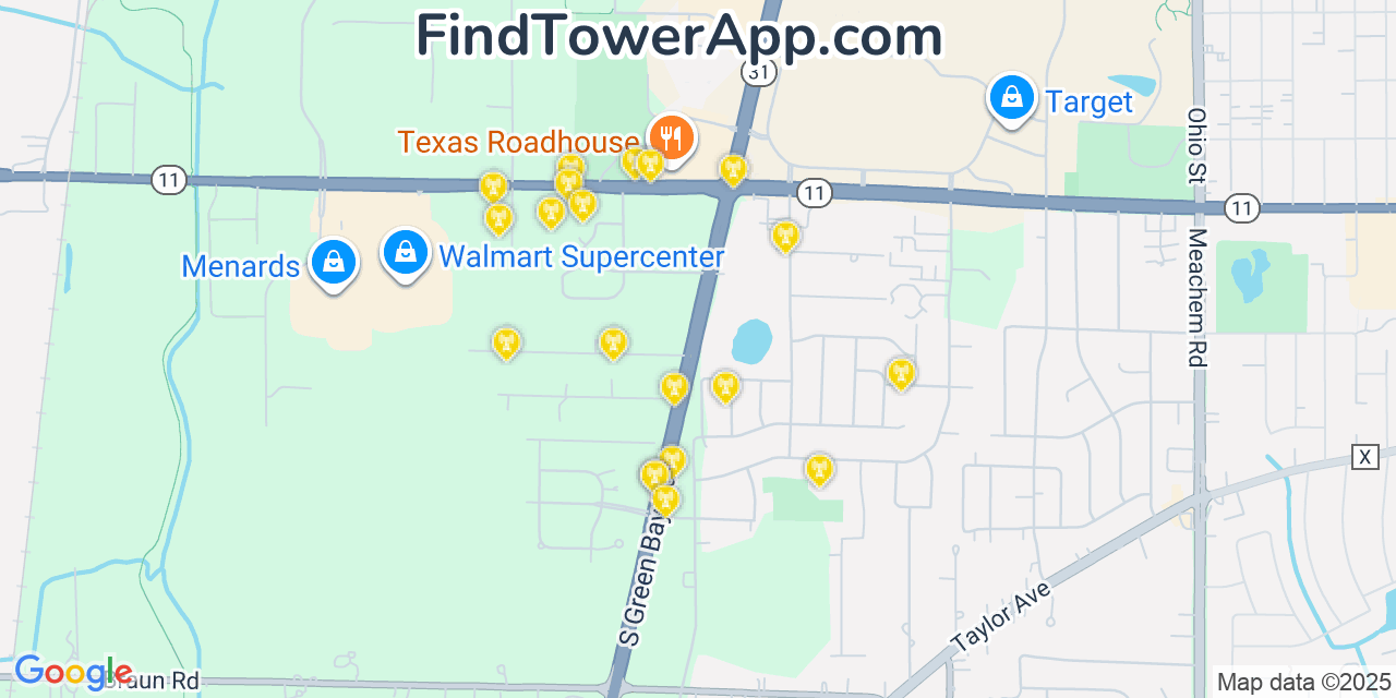 Map showing the 20 primary cell tower locations detected in Mount Pleasant, Wisconsin from AT&T, Verizon, and T-Mobile networks