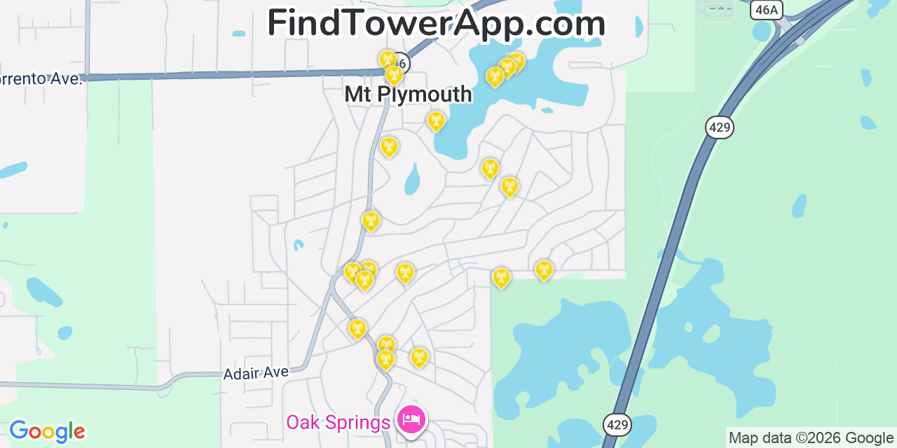 Map showing the 20 primary cell tower locations detected in Mount Plymouth, Florida from AT&T, Verizon, and T-Mobile networks