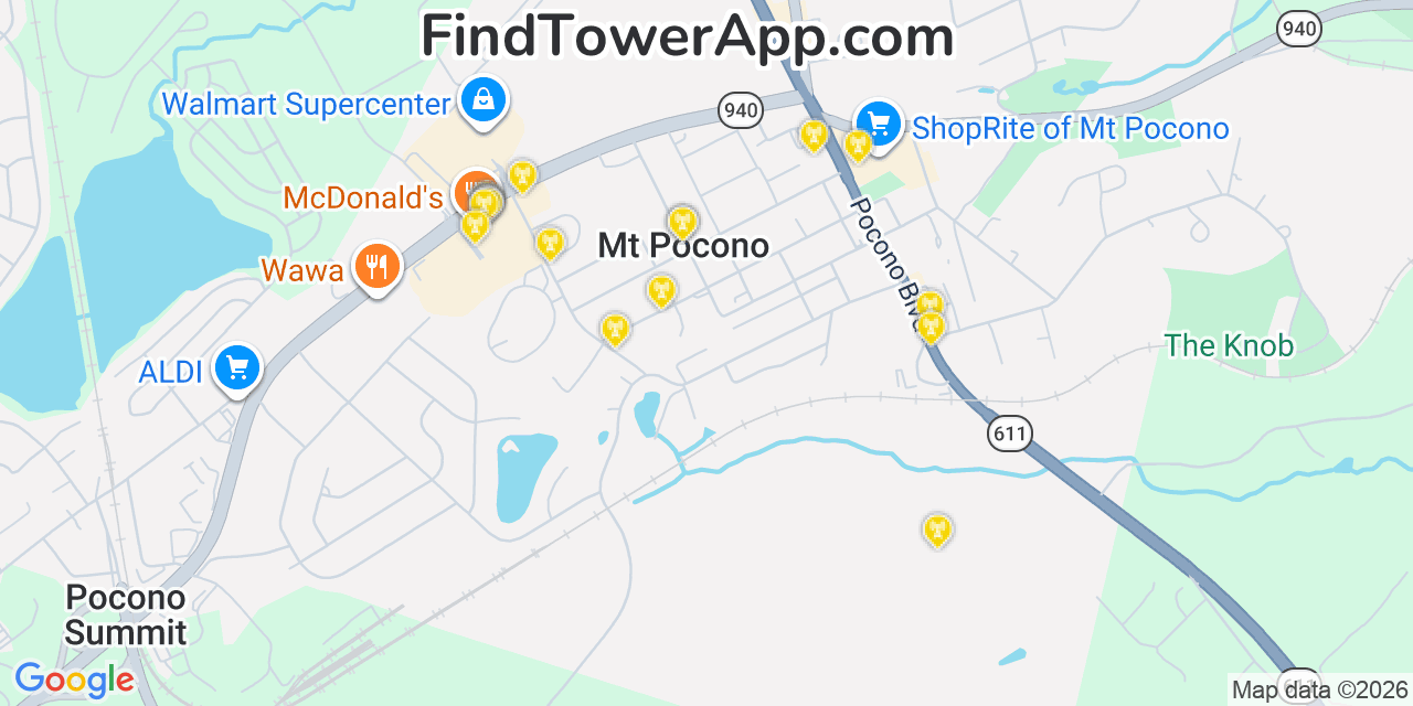 Map showing the 20 primary cell tower locations detected in Mount Pocono, Pennsylvania from AT&T, Verizon, and T-Mobile networks