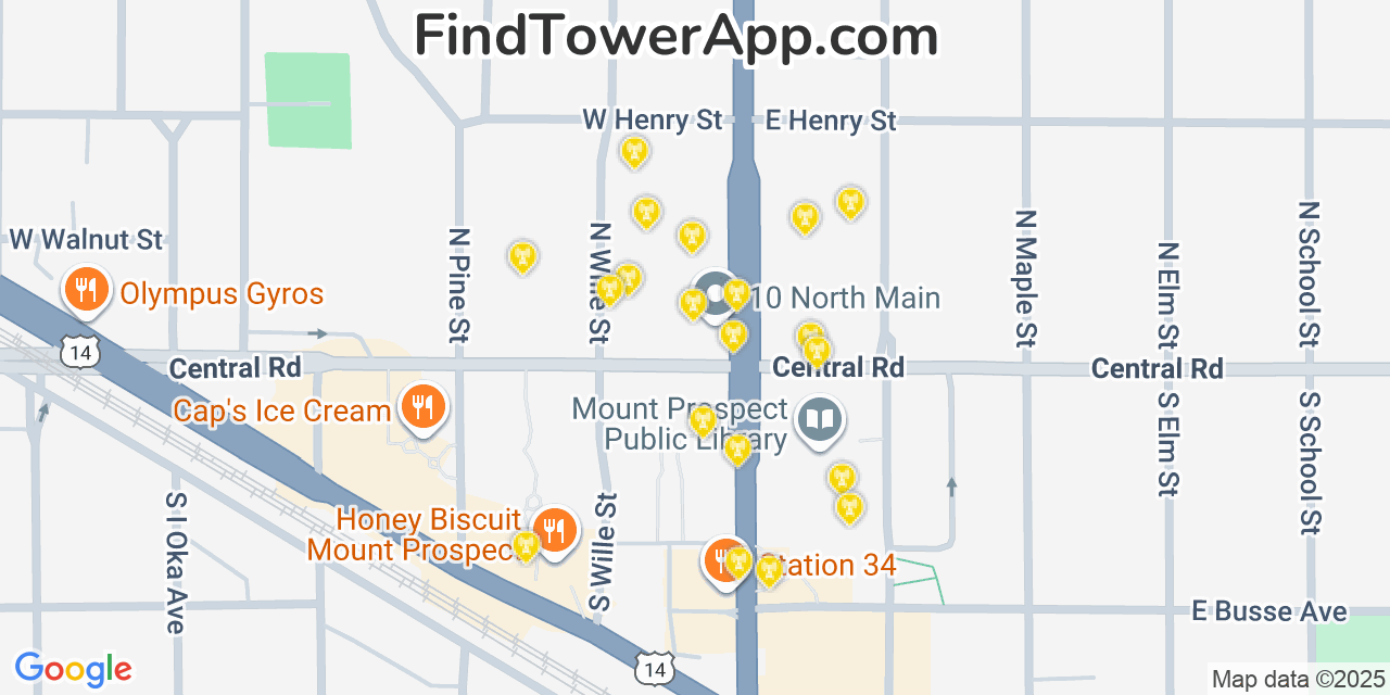 Map showing the 20 primary cell tower locations detected in Mount Prospect, Illinois from AT&T, Verizon, and T-Mobile networks
