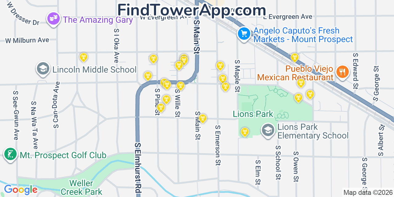 Map showing the 20 primary cell tower locations detected in Mount Prospect, Illinois from AT&T, Verizon, and T-Mobile networks