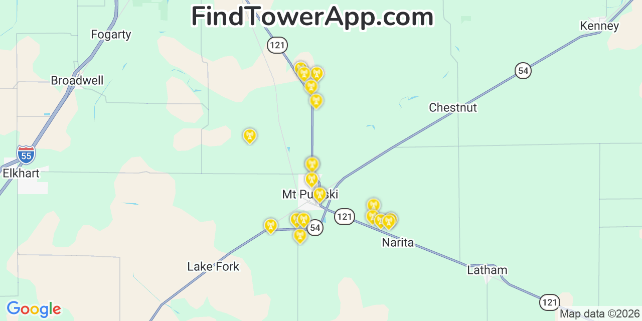 Map showing the 20 primary cell tower locations detected in Mount Pulaski, Illinois from AT&T, Verizon, and T-Mobile networks