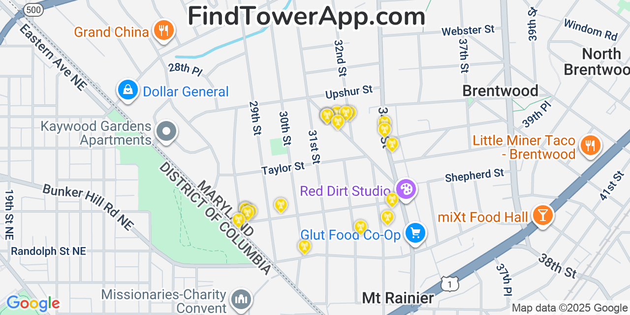Map showing the 20 primary cell tower locations detected in Mount Rainier, Maryland from AT&T, Verizon, and T-Mobile networks