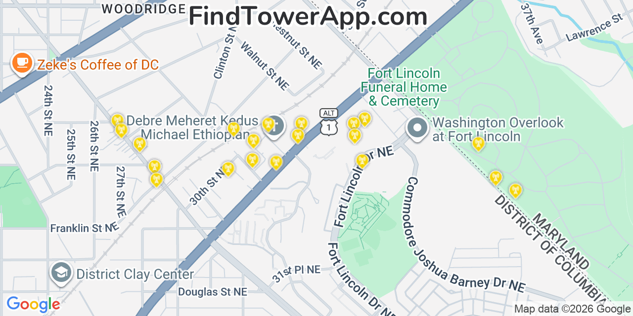 Map showing the 20 primary cell tower locations detected in Mount Rainier, Maryland from AT&T, Verizon, and T-Mobile networks